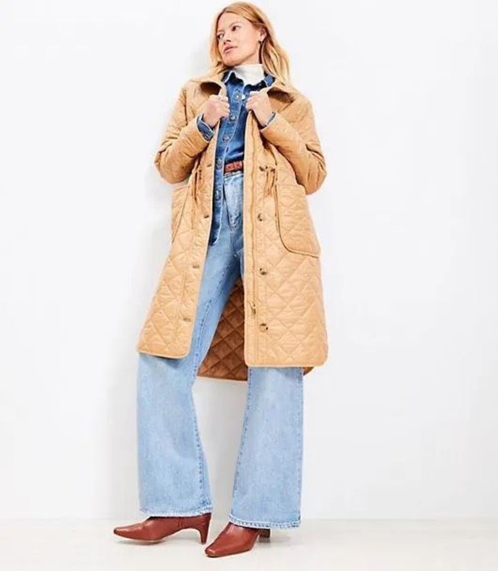 LOFT $190 Quilted Puffer Jacket Perfect Camel Knee Length Women’s Large NEW